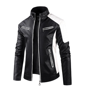 Detailansicht der schwarz-weißen Motorrad-Kunstlederjacke mit gerippten Schultern