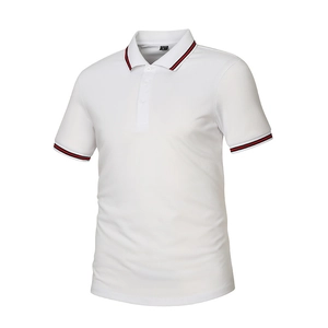 Classic white short sleeve Polo shirt with red and blue striped collar and cuff details