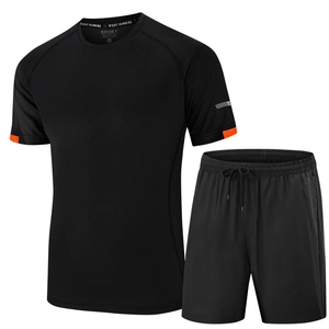Men's athletic set with breathable black t-shirt and drawstring shorts for running