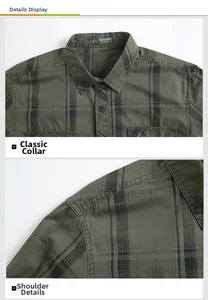 Detail view showing the classic collar and neat shoulder stitching of green plaid shirt