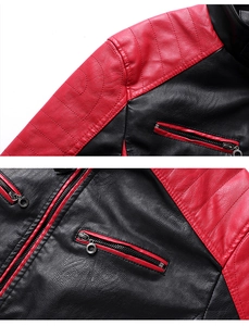 Detail der roten Steppnaht an der Schulter und Metallring-Reißverschluss an Lederjacke