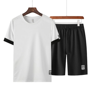 Men's summer tracksuit set with white short sleeve T-shirt and black drawstring shorts