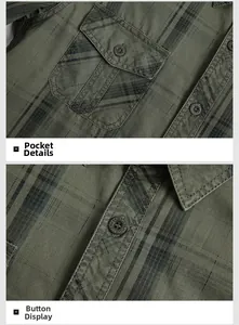 Detail of chest flap pocket and branded buttons on olive green plaid cotton shirt