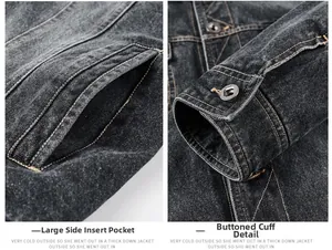 Dettagli delle tasche laterali e polsini con bottoni sulla giacca in denim nero lavato