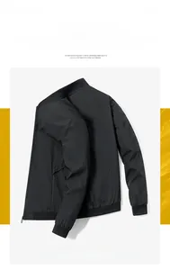 Detail of men's casual black jacket with classic stand collar and elastic ribbed cuffs