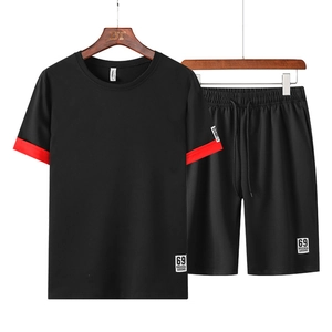 Men's summer black t-shirt and shorts set with red trim and 69 legend logo