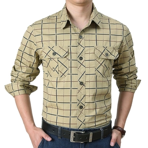 Men Casual Cotton Plaid Shirt Long Sleeve Loose Fit Outdoor Workwear Shirt With Double Pockets Turn-down Collar Man Top