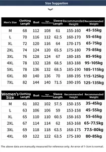 Comprehensive size guide table for waterproof camouflage outdoor jackets for men and women