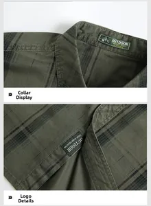 Detailed view of olive green plaid pattern fabric and outdoor series woven labels