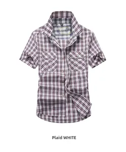 Detail of red plaid short sleeve shirt with double chest pockets and classic collar