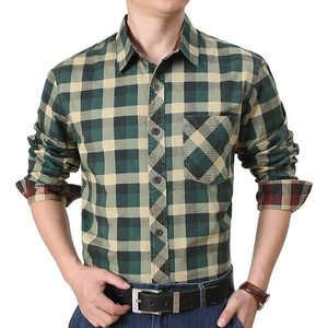 Chemise à manches longues pour homme en coton à carreaux vert foncé et beige décontracté