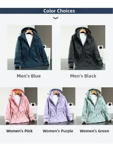 Collage of outdoor windproof jackets in five colors featuring adjustable hoods and camo patterns