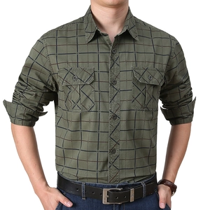 Men's olive green plaid long-sleeve shirt with dual breast pockets and classic collar