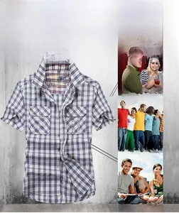 Detailed view of men's casual plaid short sleeve shirt with classic double chest pockets