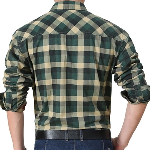 Chemise à carreaux pour hommes à manches longues en damier vert foncé et beige