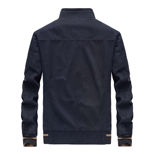 Navy blue men's stand collar casual jacket, back view with ribbed cuffs and hem
