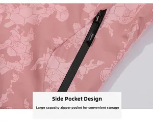 Detail of pink camouflage jacket showing zippered side pocket with FASHION logo slider