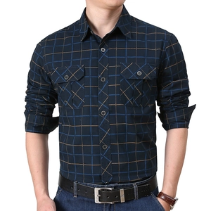 Men's dark blue plaid long sleeve cotton shirt with double chest pockets in workwear style