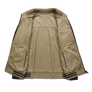 Men's khaki reversible casual jacket with stand collar and striped ribbed knit trim