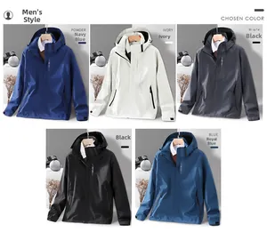 Five colors of hooded outdoor windbreakers showing navy, ivory, black, grey and blue jackets