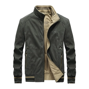 Men's reversible stand collar bomber jacket in dark grey with ribbed striped cuffs