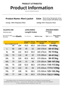 Detailed size guide and material specs for men's casual polyester zip-up jackets