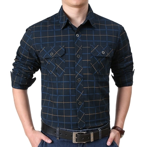 Men's casual long sleeve plaid shirt in navy and yellow with double chest pockets