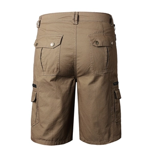 Rear view showing multi-pocket design on heavy cotton khaki cargo shorts with metal buttons