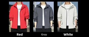 Outdoor waterproof hooded jacket for men in red, grey, and white with adjustable cuffs