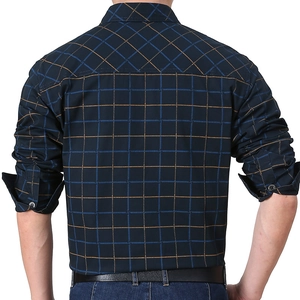 Men's casual slim fit plaid shirt in dark blue and yellow pattern shown from the back