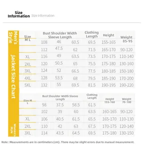 Size chart for outdoor windbreakers showing measurements for men (M-5XL) and women (M-3XL)