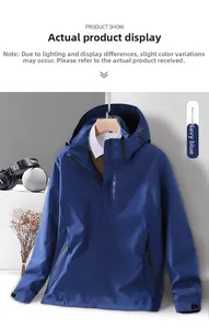 Close-up of navy outdoor jacket with adjustable velcro cuffs and windproof hood design