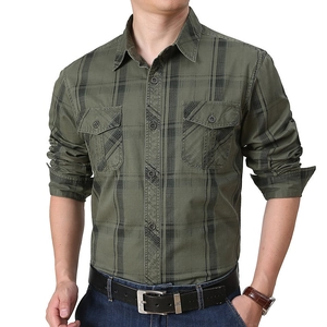 Army green plaid long sleeve men's casual shirt with double pockets and classic collar
