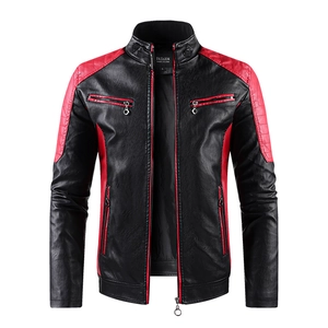 Bikerjacke für Herren aus PU-Leder mit roten Kontrasteinsätzen und Stehkragen