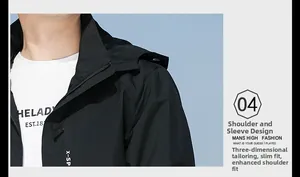 Detail view of the waterproof shoulder stitching and hood of the black outdoor jacket
