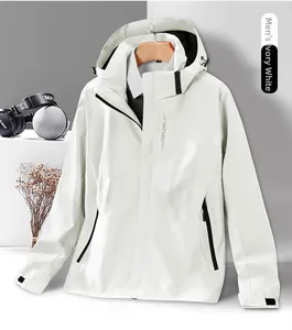 Close-up of ivory white outdoor jacket featuring waterproof zippers and explore logo