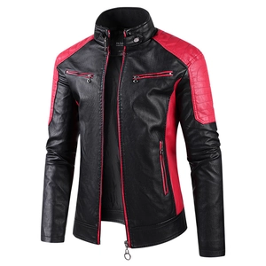 Herren Motorradjacke aus PU-Leder mit roten Kontrastnähten und modischem Stehkragen
