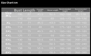 Detailed size chart for waterproof hiking jackets including M to 8XL measurements in cm