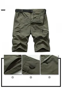 Detail view of men's cargo shorts featuring multi-pocket design and woven belt details