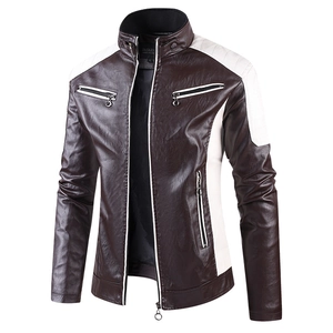 Schlanke Herren Lederjacke aus braunem PU mit weißen Kontraststreifen an den Schultern