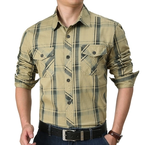 Men's khaki plaid long sleeve shirt with double chest pockets for casual business wear