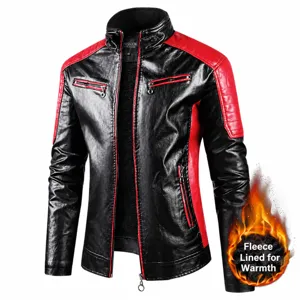 Men's slim fit PU leather jacket with warm fleece lining and red contrast details