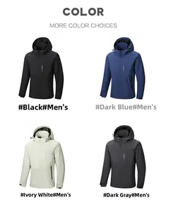 Detail view of water-resistant outdoor hooded jackets in black, blue, white and grey colors