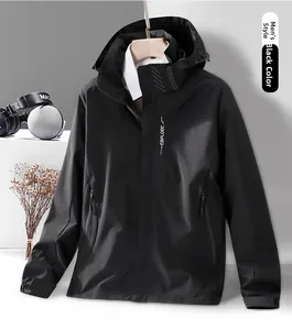 Detail of black outdoor windbreaker jacket featuring breathable collar and brand logo