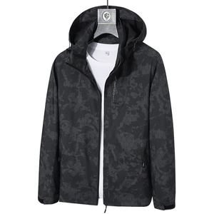 Men's black camo hooded windbreaker with honeycomb pattern and Explore zipper detail