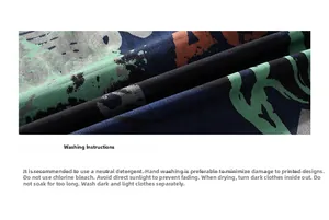 Close-up of navy printed fabric texture and detailed washing instructions guide