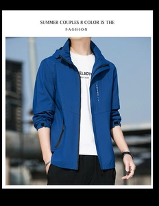 Close-up of blue hooded outdoor jacket with chest zipper pocket and adjustable cuffs
