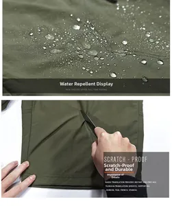 Water-repellent and scratch-resistant fabric detail of men's outdoor cargo shorts
