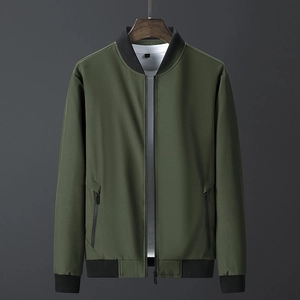 Men's casual army green zip-up jacket with ribbed cuffs and stand collar in a relaxed fit