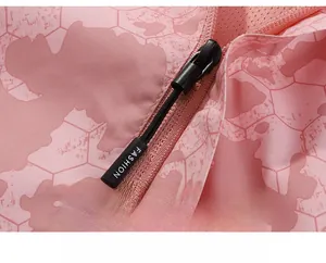 Macro shot of pink camouflage fabric with black zipper featuring fashion text detail